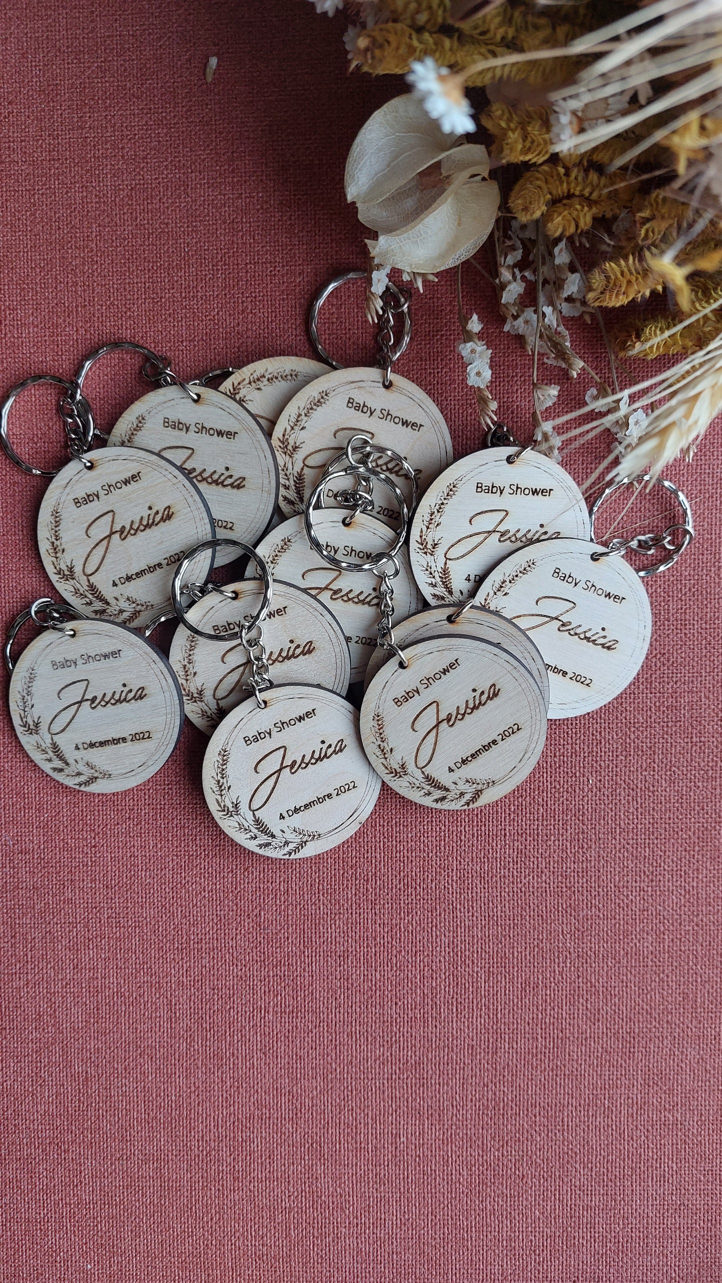 Porte clé en bois rond, cadeau invité mariage Modèle Pampas