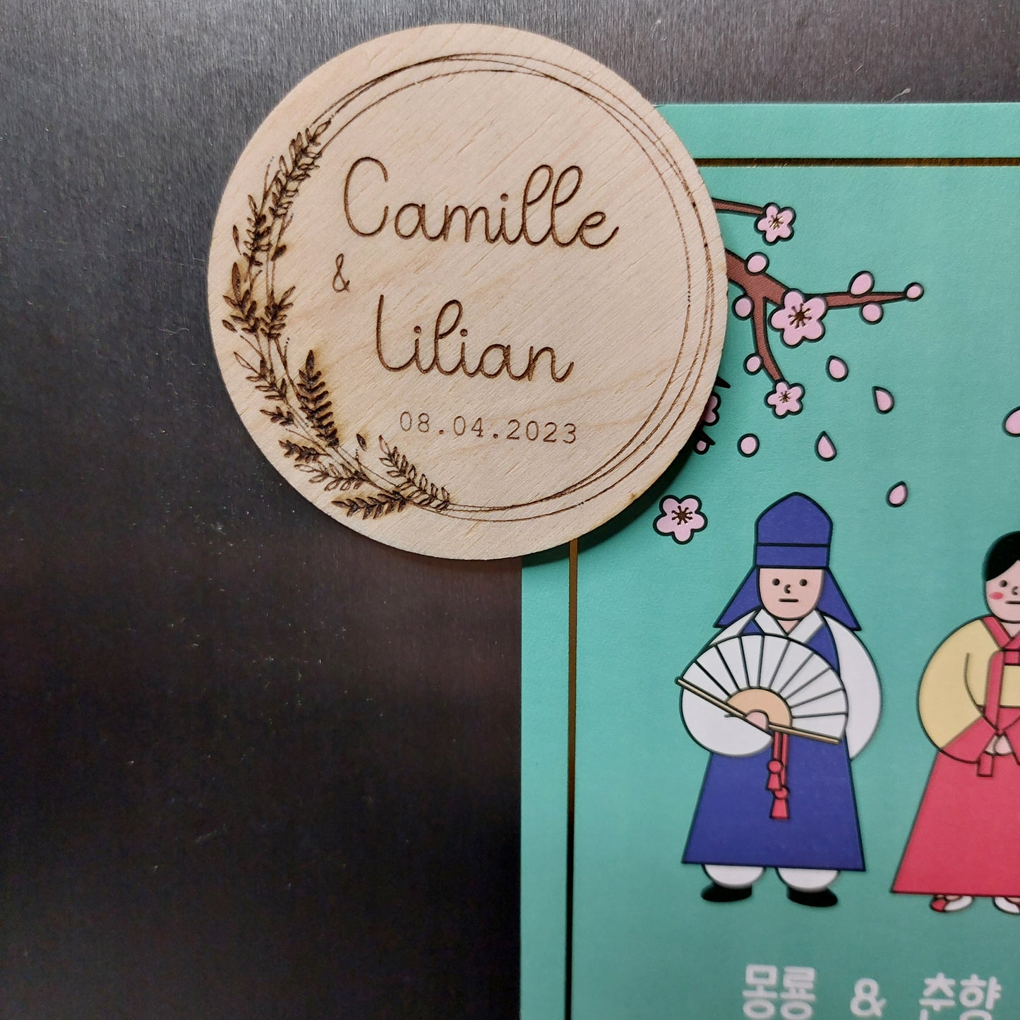 Magnet rond en bois, cadeau invité modèle Pampas