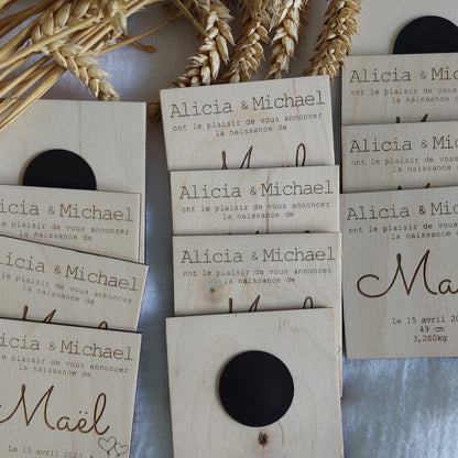 Faire part de naissance aimant en bois, modèle renard