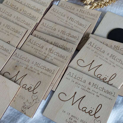 Faire part de naissance aimant en bois, modèle renard