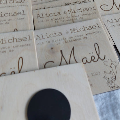 Faire part de naissance aimant en bois, modèle renard