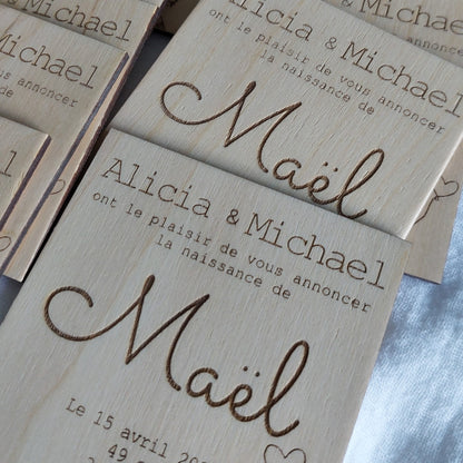 Faire part de naissance aimant en bois, modèle renard