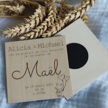 Faire part de naissance aimant en bois, modèle renard