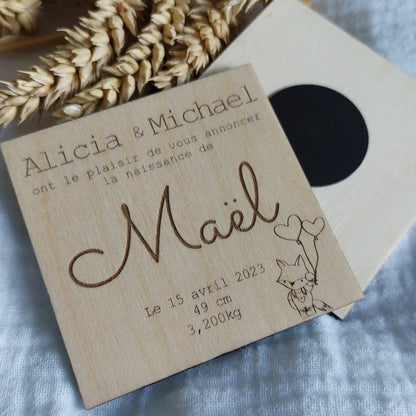 Faire part de naissance aimant en bois, modèle renard