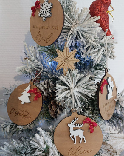 Boule de Noël en bois personnalisée prénom décoration de Noël pour sapin idée cadeau Noël, Noël famille