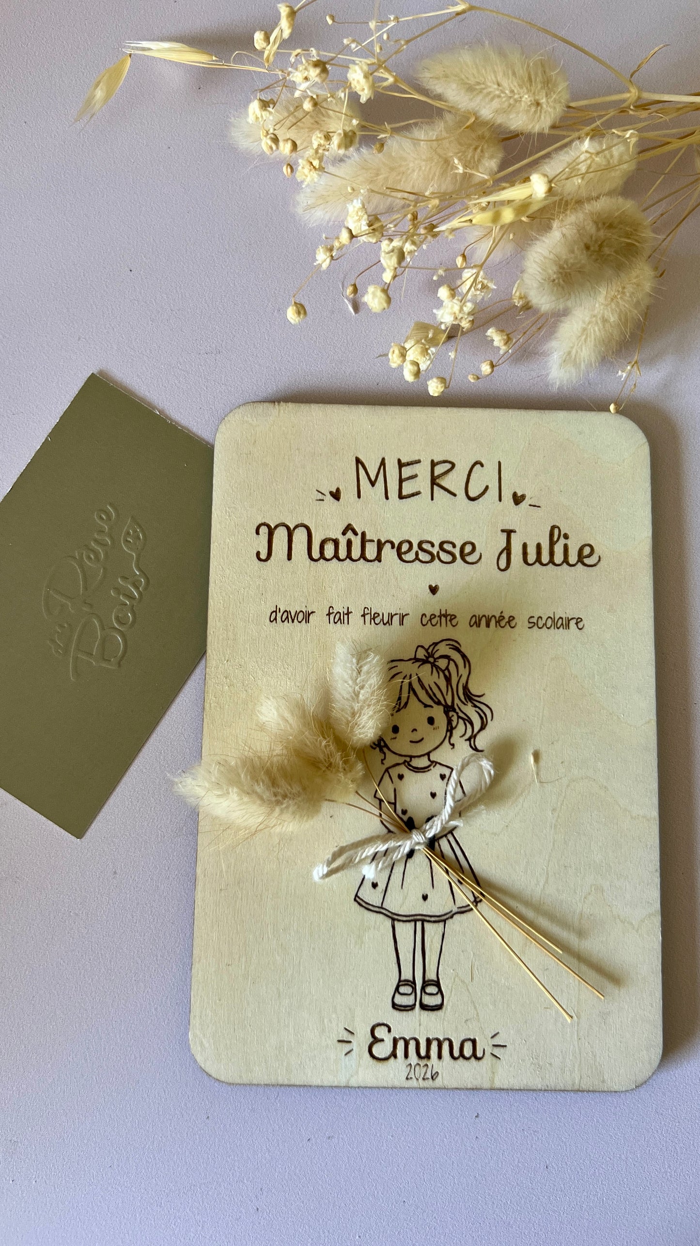 Carte bois personnalisée gravée enfants , Cadeau maîtresse & nounou fin d'année