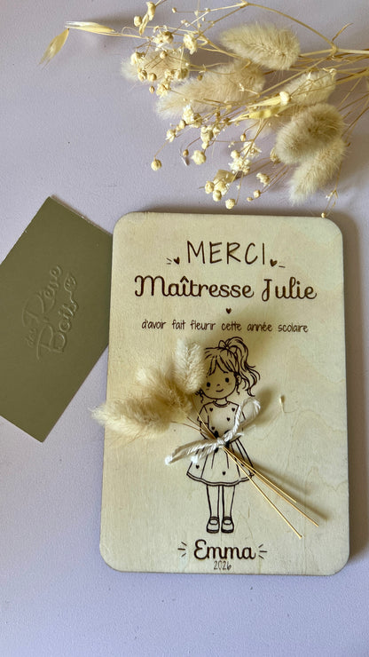Carte bois personnalisée gravée enfants , Cadeau maîtresse & nounou fin d'année