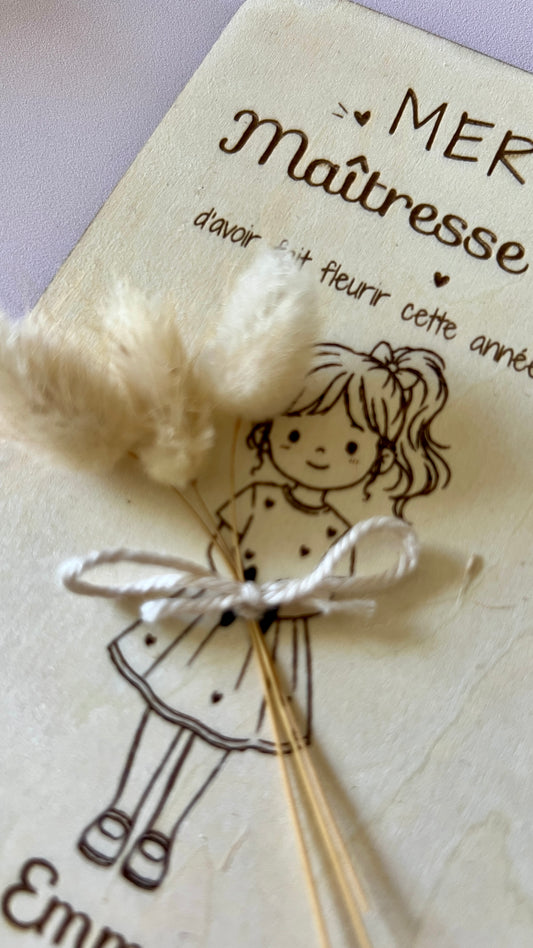 Carte bois personnalisée gravée enfants , Cadeau maîtresse & nounou fin d'année