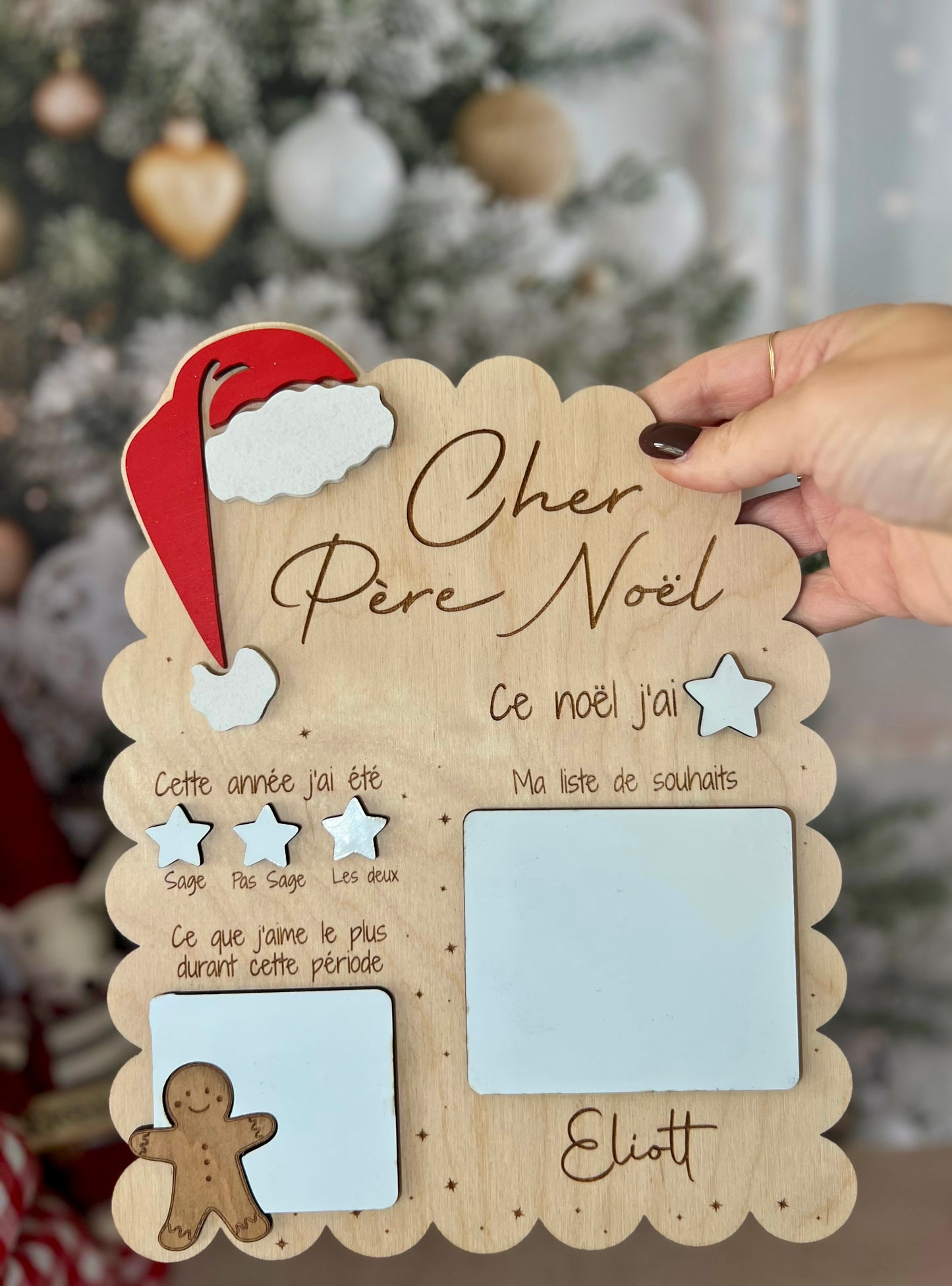 Tableau du Père Noël personnalisé – Liste de souhaits en bois avec prénom gravé