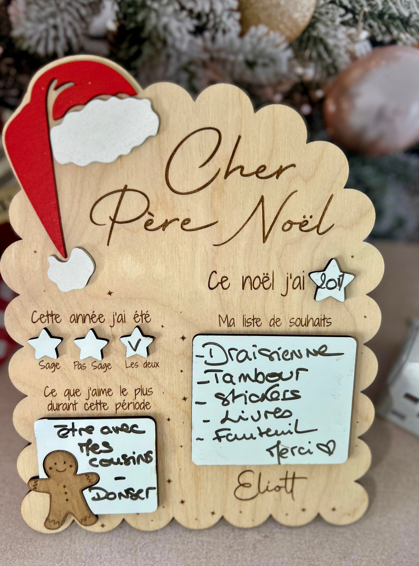 Tableau du Père Noël personnalisé – Liste de souhaits en bois avec prénom gravé