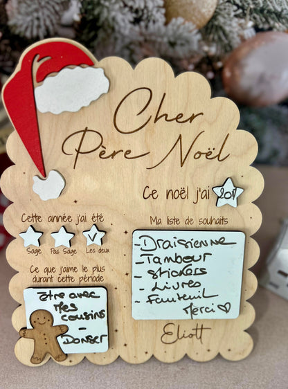 Tableau du Père Noël personnalisé – Liste de souhaits en bois avec prénom gravé