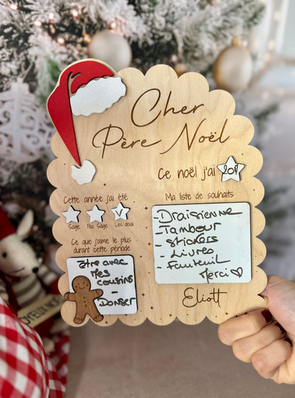 Tableau du Père Noël personnalisé – Liste de souhaits en bois avec prénom gravé