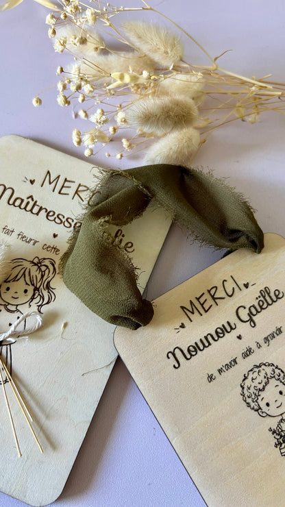 Carte bois personnalisée gravée enfants , Cadeau maîtresse & nounou fin d'année