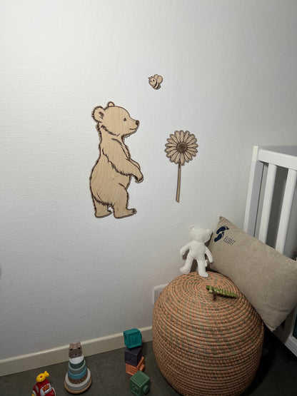 Décoration murale en bois - Ours, fleur et abeille – Déco chambre bébé nature