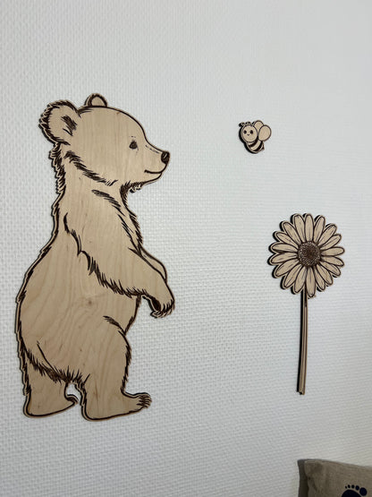 Décoration murale en bois - Ours, fleur et abeille – Déco chambre bébé nature
