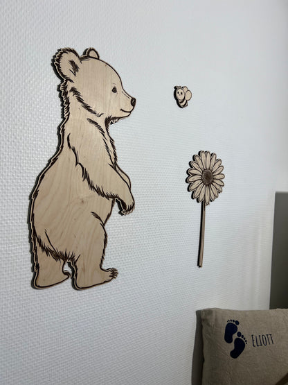Décoration murale en bois - Ours, fleur et abeille – Déco chambre bébé nature