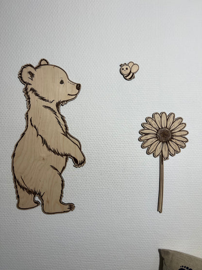 Décoration murale en bois - Ours, fleur et abeille – Déco chambre bébé nature