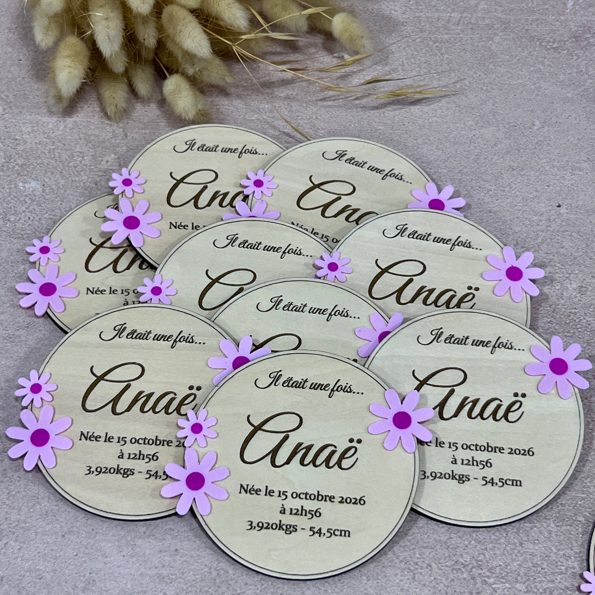 Faire-part naissance bébé fille bois personnalisé, fleurs