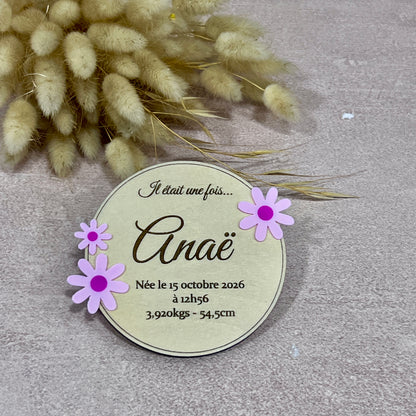 Faire-part naissance bébé fille bois personnalisé, fleurs