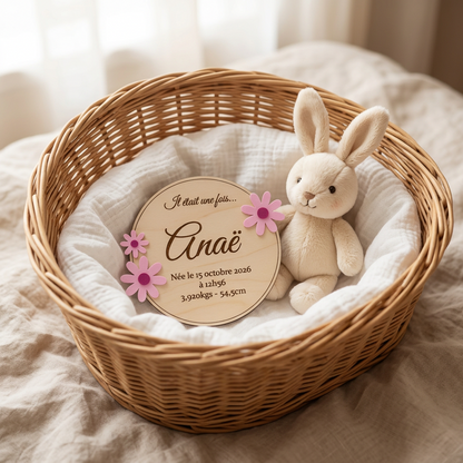 Faire-part naissance bébé fille bois personnalisé, fleurs