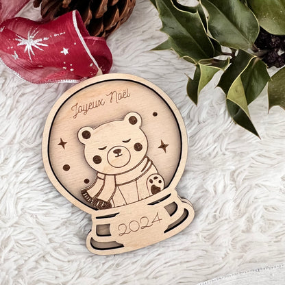 Boule de Noël personnalisée bois - Cerf Lapin Pinguin Ourson