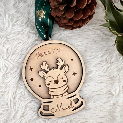 Boule de Noël personnalisée bois - Cerf Lapin Pinguin Ourson