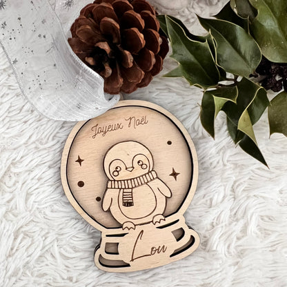 Boule de Noël personnalisée bois - Cerf Lapin Pinguin Ourson