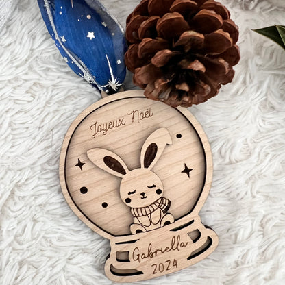 Boule de Noël personnalisée bois - Cerf Lapin Pinguin Ourson