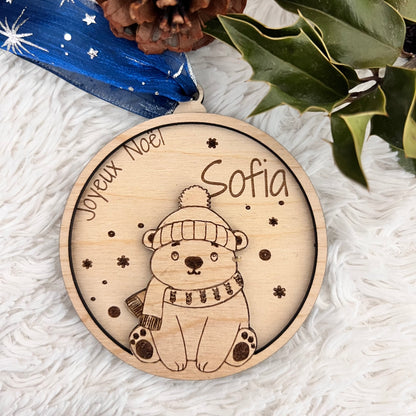 Boule de Noël personnalisée bois - Prénom -Animaux au choix