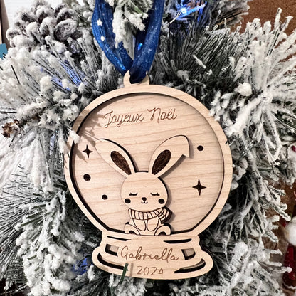 Boule de Noël personnalisée bois - Cerf Lapin Pinguin Ourson
