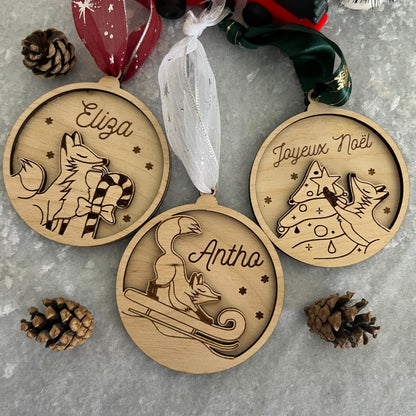 Boule de noël en bois renard personnalisée