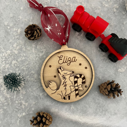 Boule de noël en bois renard personnalisée