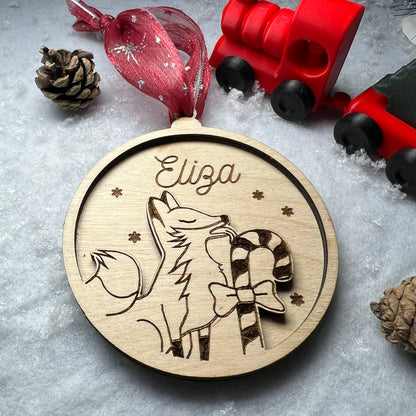 Boule de noël en bois renard personnalisée