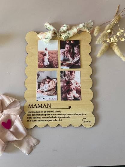 Cadre photo maman personnalisé en bois biscuit  – 4 photos incluses | Cadeau unique fête des mères