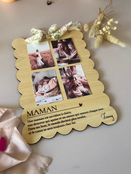 Cadre photo maman personnalisé en bois biscuit  – 4 photos incluses | Cadeau unique fête des mères