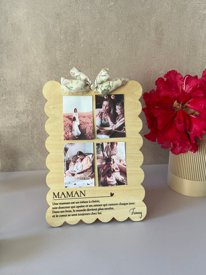 Cadre photo maman personnalisé en bois biscuit  – 4 photos incluses | Cadeau unique fête des mères