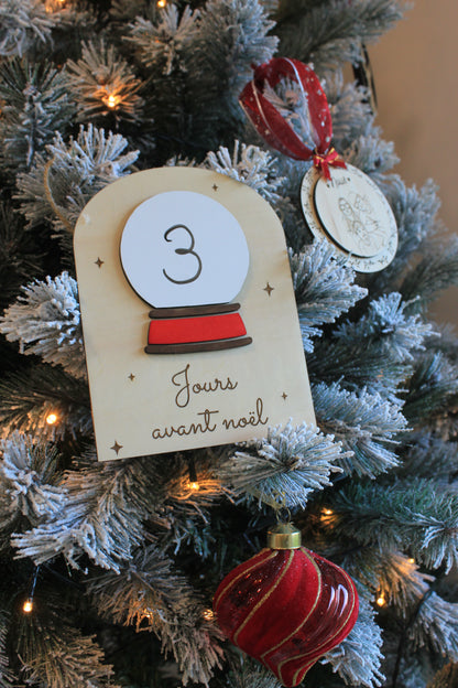 Décompte de Noël boule à neige en bois , Calendrier de l’Avent réutilisable, déco de Noël artisanale
