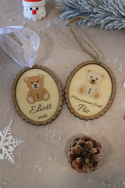 Suspension Ourson de Noël personnalisé en bois