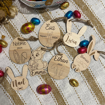 Oeuf de Pâques personnalisé avec prénom, lapin décoratif gravé pour panier chasses aux oeufs
