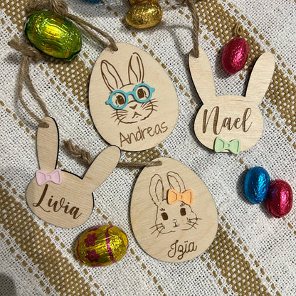 Oeuf de Pâques personnalisé avec prénom, lapin décoratif avec accessoires