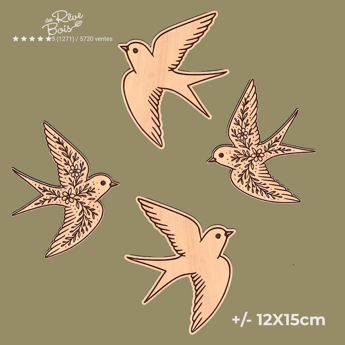 Lot d'ensemble d'hirondelle en bois FSC, 2 unis, 2 fleurit