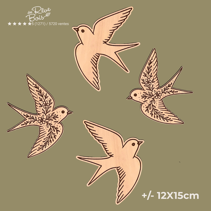 Lot d'ensemble d'hirondelle en bois FSC, 2 unis, 2 fleurit