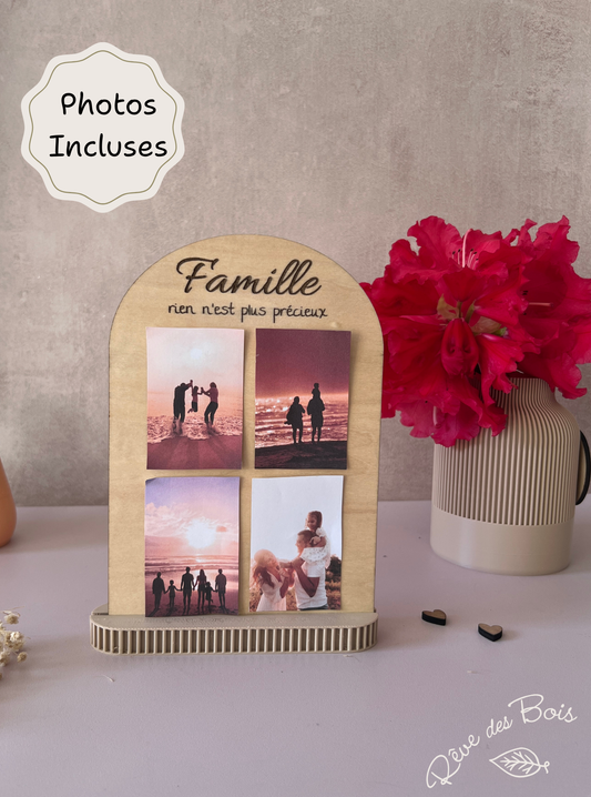 Panneau photos en bois personnalisé – Forme arche avec socle coloré