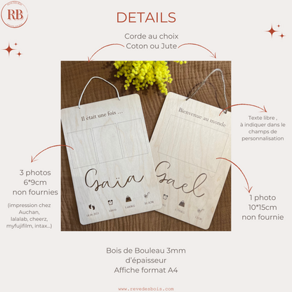 Cadre photo naissance personnalisée avec prénom bébé, affiche naissance poids taille date heure