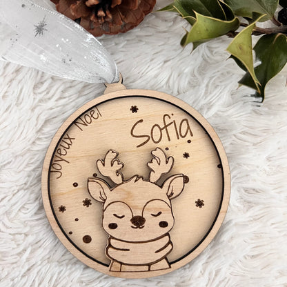 Boule de Noël personnalisée bois - Prénom -Animaux au choix