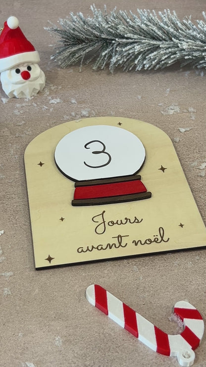 Décompte de Noël boule à neige en bois , Calendrier de l’Avent réutilisable, déco de Noël artisanale