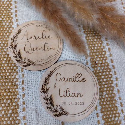Magnet rond en bois, cadeau invité modèle Pampas