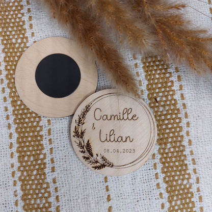 Magnet rond en bois, cadeau invité modèle Pampas
